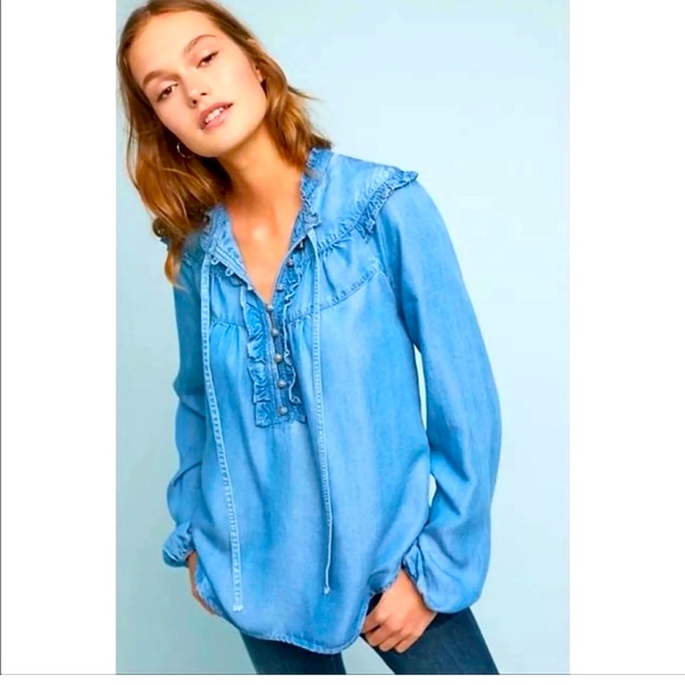 Maeve for Anthropologie Denim Ruffle Top Small